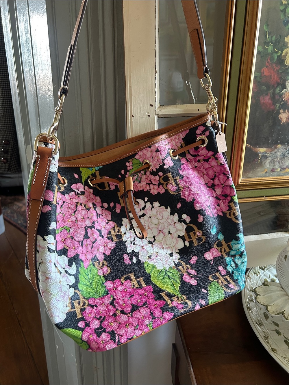 Dooney & Bourke Hydrangea Print Shoulder Bag with Tan Leather Rare Bag